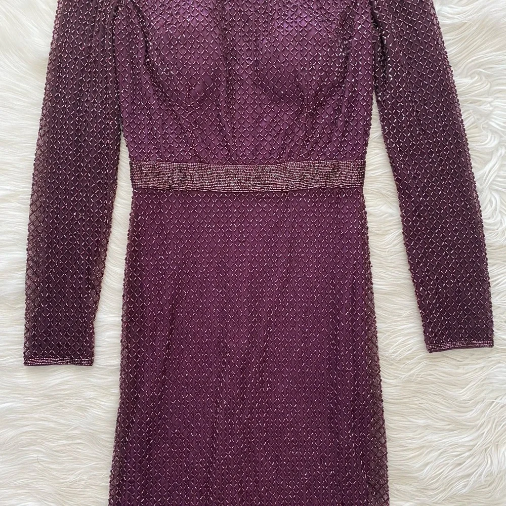 Mac Duggal Purple Plum Lattice Beaded Long Sleeve Modest Formal Midi Dress - Picture 4 of 16